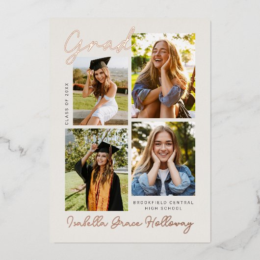 Foil Modern Grad Announcement Multiple Photos 箔招待状 (正面)