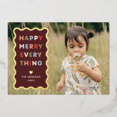 Foil Red Happy Merry Wavy Christmas Photo Card 箔招待状 (正面)