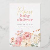 Foil Retro Floral Girl Baby Shower 箔招待状 (正面)
