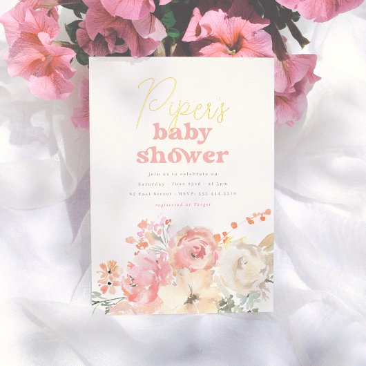 Foil Retro Floral Girl Baby Shower 箔招待状