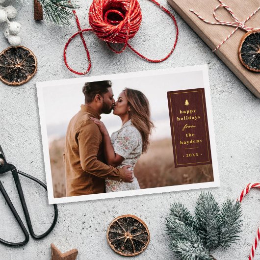 Foil Rustic Tree Woodgrain Christmas Photo Card 箔招待状