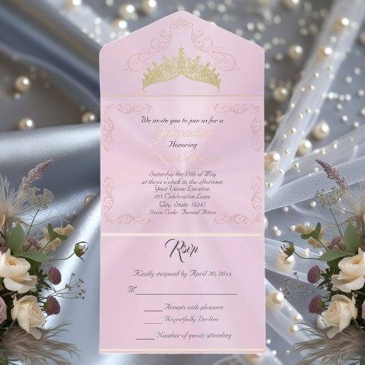 Foil Vintage Frame Quinceanera - Pastel Pink オールインワン招待状