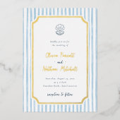 Foil Whimsical Retro Blue Stripes Wedding 箔招待状 (正面)