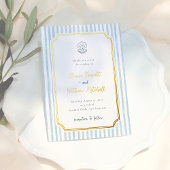Foil Whimsical Retro Blue Stripes Wedding 箔招待状