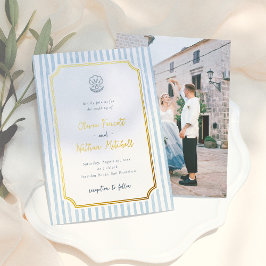 Foil Whimsical Retro Blue Stripes Wedding 箔招待状