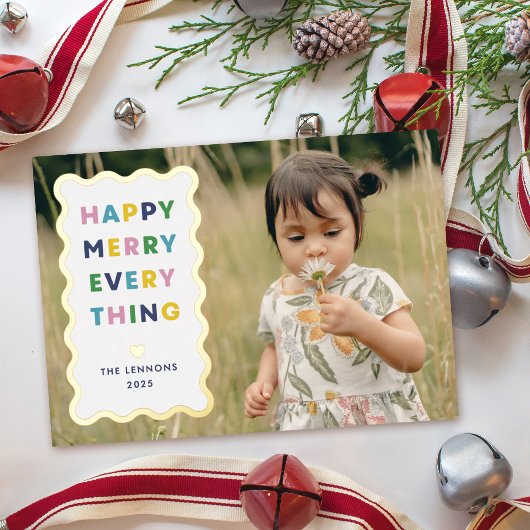Foil White Happy Merry Wavy Christmas Photo Card 箔招待状
