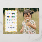 Foil White Happy Merry Wavy Christmas Photo Card 箔招待状 (正面)