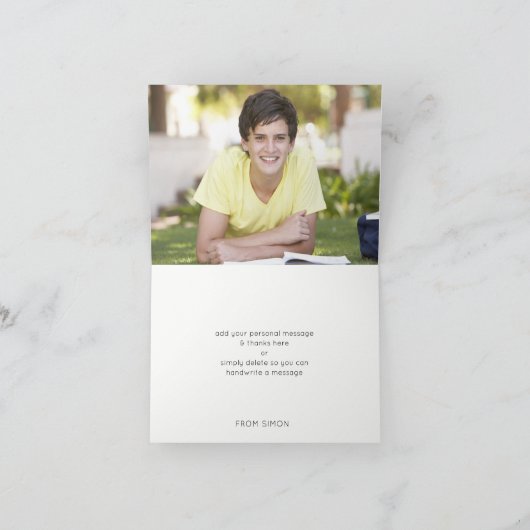 FOLDED感謝していバー（ユダヤ教の）バル・ミツバー金ゴールドスクリプトネイビーブルー サンキューカード (内部)