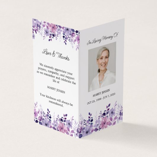 Folded Purple Flower Photo Funeral Prayer Card 名刺 (外部)