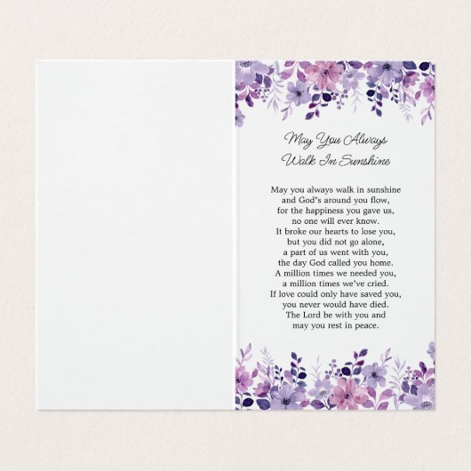 Folded Purple Flower Photo Funeral Prayer Card 名刺 (内部フラット)
