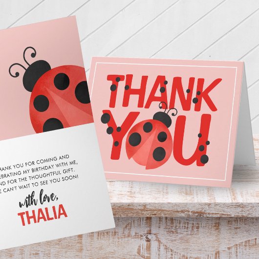 Folding Pink Watercolor Ladybug Thank You Card サンキューカード