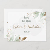 Foliage Botanical金ゴールドティール(緑がかった色)Save the Date 案内ポストカード (正面/裏面)