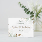 Foliage Botanical金ゴールドティール(緑がかった色)Save the Date 案内ポストカード (スタンド正面)