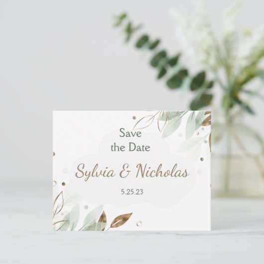 Foliage Botanical金ゴールドティール（緑がかった色）Save the Date 案内ポストカード (スタンド正面)