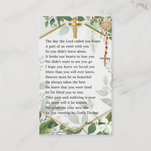 Foliage Greeneryメモリアル祈りの言葉フォトカード 名刺 (裏面)