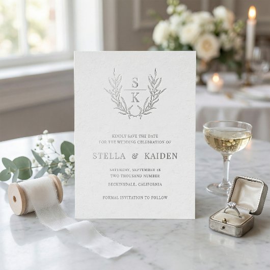 Foliage Leaf Line Art Weddingモダン Save The Date 箔招待状