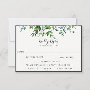 Foliage Navy Wedding RSVP食事チョイス素朴カード 出欠カード