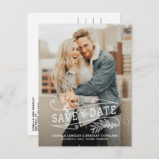 Foliage Overlay Vertical Photo日付を保存 案内ポストカード (正面/裏面)