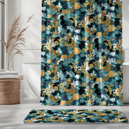 Foliage Teal Aqua Blue Mustard Black White シャワーカーテン