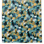 Foliage Teal Aqua Blue Mustard Black White シャワーカーテン (正面)