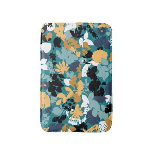 Foliage Teal Aqua Blue Mustard Black White バスマット (正面縦)