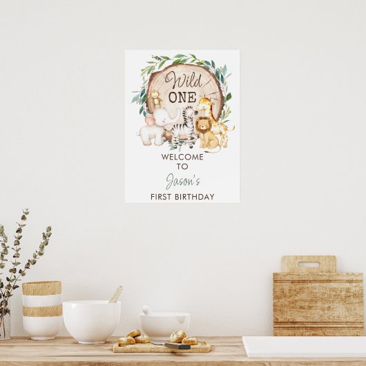 Folids Boysサファリファースト誕生日ウェルカムサイン ポスター (キッチン)