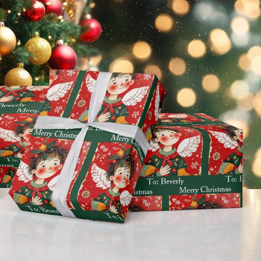 Folk-art Angel Add Recipients Name Christmas Roll  ラッピングペーパー