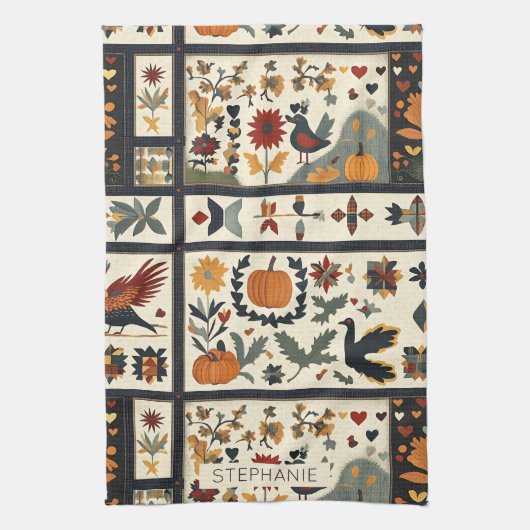 Folk Art Autumn Quilt Pattern | Rustic Harvest キッチンタオル (縦)