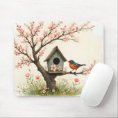 Folk Art Bird and Birdhouse マウスパッド (マウス)