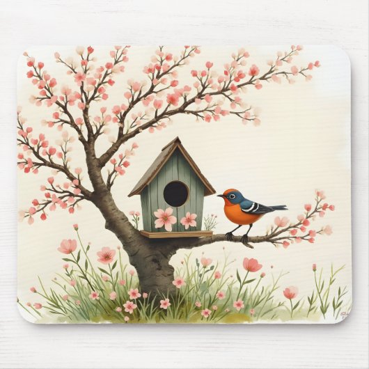 Folk Art Bird and Birdhouse マウスパッド (正面)