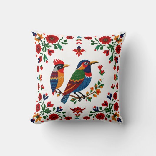 Folk Art Birds & Blooms – Symmetrical Natural クッション (正面)