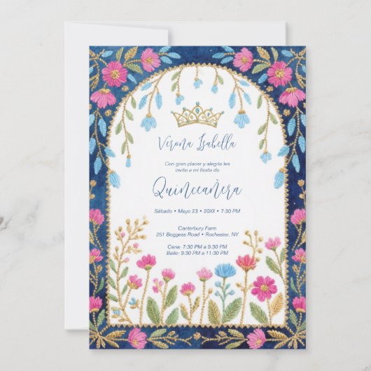 Folk Art Blue Shades Spanish Mexican XVs Floral 招待状 (正面)