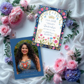 Folk Art Blue Shades Spanish Mexican XVs Floral 招待状