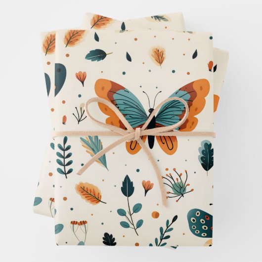 Folk Art Butterflies with Teal and Terracotta ラッピングペーパーシート (インサイチュ)