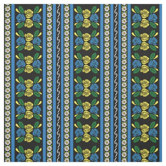 Folk Art Canal Narrowboat Blue Yellow Roses ファブリック (見本)