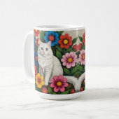 Folk Art Cat and Flowers コーヒーマグカップ (正面左)