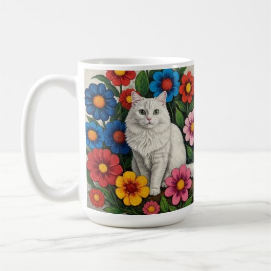 Folk Art Cat and Flowers コーヒーマグカップ (左)
