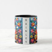 Folk Art Cat, Flowers & Butterfly Personalized マグカップ (中央)
