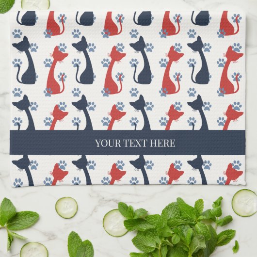 Folk Art Cat Pattern | Farmhouse キッチンタオル (折り畳み)