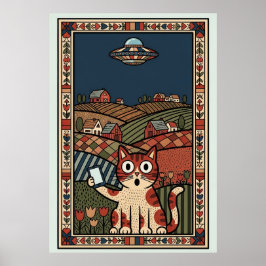 Folk Art Cat with UFO in Countryside Whimsical ポスター