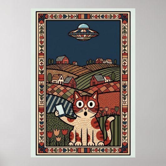 Folk Art Cat with UFO in Countryside Whimsical ポスター (正面)