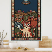 Folk Art Cat with UFO in Countryside Whimsical ポスター (キッチン)