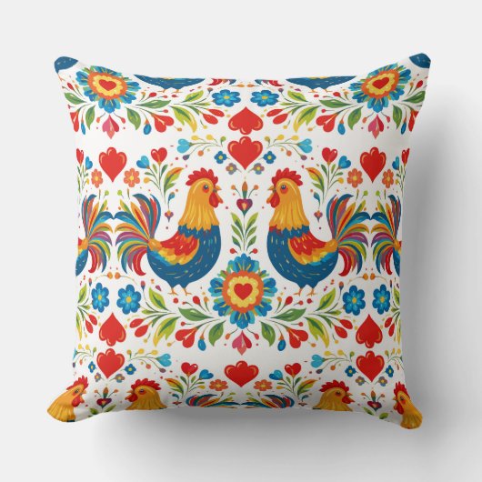 Folk art chicken floral pillow クッション (正面)