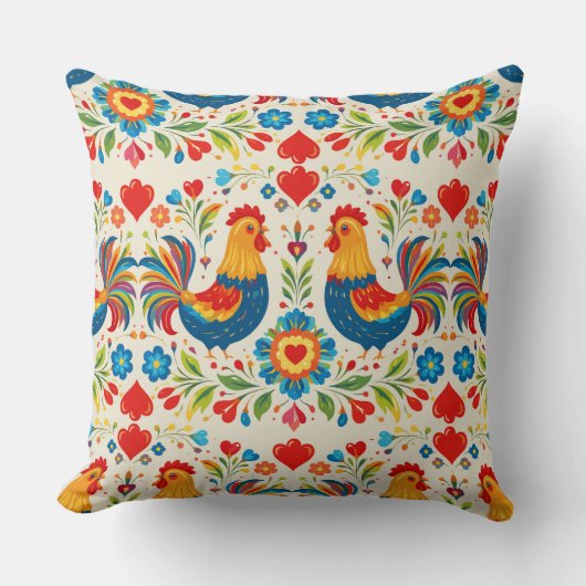 Folk art chicken floral pillow クッション (正面)