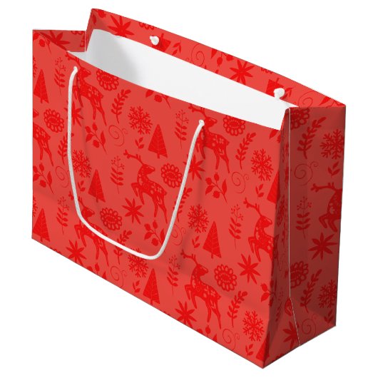 Folk Art Deer Botanical Red Large Gift Bag ラージペーパーバッグ (正面アングル)
