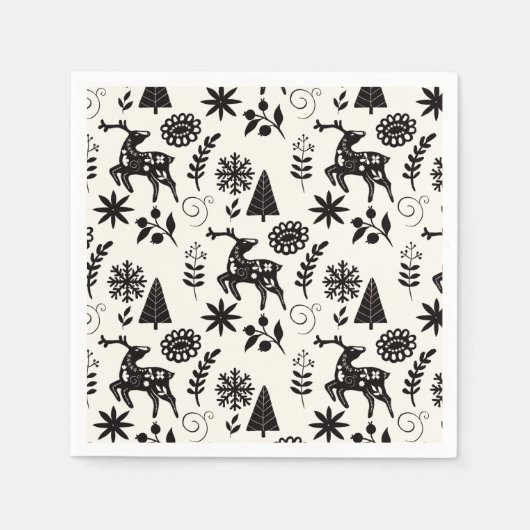 Folk Art Deer Forest Black and White スタンダードカクテルナプキン (正面)