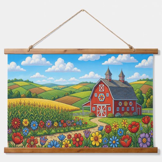 Folk Art Farm Landscape Tapestry – Barn, 吊り下げ型タペストリー (正面)