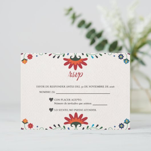 Folk Art Floral Botanical Fiesta Spanish Wedding 出欠カード (スタンド正面)