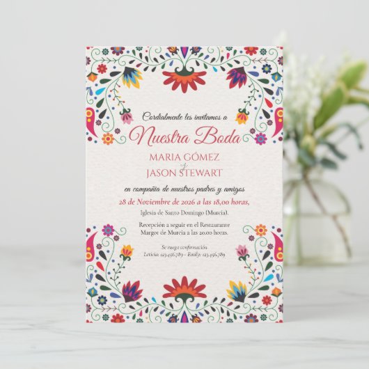 Folk Art Floral Botanical Fiesta Spanish Wedding 招待状 (スタンド正面)