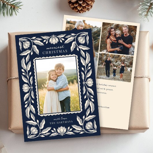 Folk Art Floral Frame Christmas 4 Photo シーズンカード